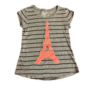 Size 10 Justice gray black striped short sleeve pink Eiffel Tower graphic shirt